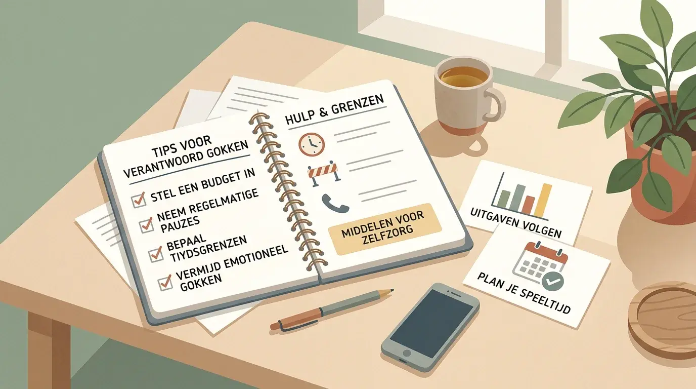 Rustige illustratie van een keuze tussen pauze, hulp en overzicht bij gokgedrag